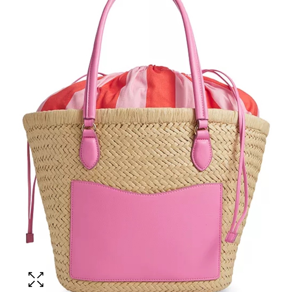 Pink and Tan Summer Tote Bag with Leather Accents